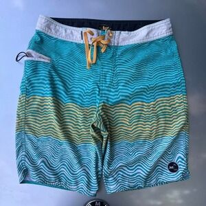 Y2K Lost Blue and yellow board shorts with zipper pocket